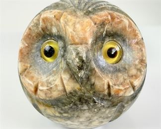 Vintage Napco Ware Carved Alabaster Marble Owl Head Paperweight MCM
