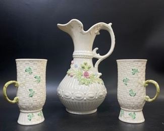 BELLEEK Encrusted Ewer Pitcher Vase with Belleek 2 Shamrock Tall Mugs
