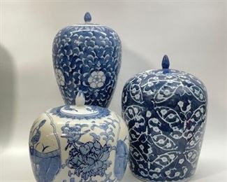 Chinese Blue & White lidded Large Decorative Ginger Jars
