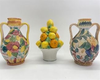 Vintage Italian Majolica Orange and Lemon Tree Topiary; With pair of ITALIAN ART Pottery Hand painted Urn Vases
