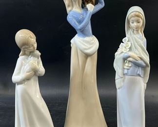 Fine Lladro Girl With Calla Lillies 4650 Figurine, Nao By Lladro Girl With Puppy 563 Figurine , and Vintage Incor Woman Carrying Jug On Shoulder Figurine
