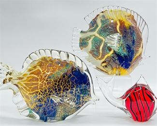 Vintage Large Multicolor Art Glass Fish & Small Vintage Red Striped Tropical Art Glass Fish
