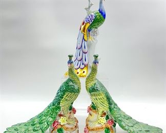Manifattura Porcelain Peacock Figurine & Colorful Pair Of Decorative Peacock Figurines

