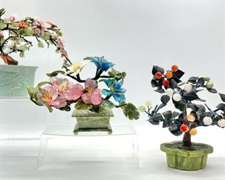 3 Vintage Jade Glass Bonsai Tree With Celedon Pot, Vintage Chinese Jade Bonsai Tree , and Vintage Chinese Floral Tree With Pot
