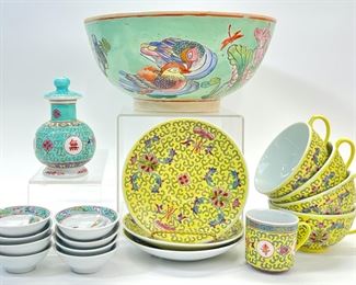 Vintage Chinese Yellow Mun Shou Famille Tea Cups, Mini Tea Cup, Plates, Chinese Porcelain Turquoise Famille Mun Shou Soy Sauce Bottle, and Vintage Set Of Eight Chinese Famille Rose Porcelain Small Dipping Bowls
