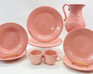 Vintage MCM Homer Laughlin Fiesta Rose Dinner Plates, Bowls, Mugs, & Pink Rose Bordallo Pinheiro Pitcher
