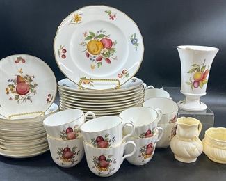 Early Royal Worcester Circa 1800 English Fine Bone Delecta China Soup Bowls, Saucers, Tea Cups, & Spode Fruit Mini Vase
