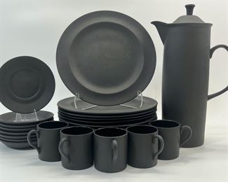 Wedgwood Basalt Black Demitasse Cups & Saucers, Plates, and Lidded Tea Pot
