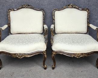 Woodmark by Howard Miller Pair of Fancy Hand Carved Oversized French Style Arm Chairs Hollywood Regency Style
