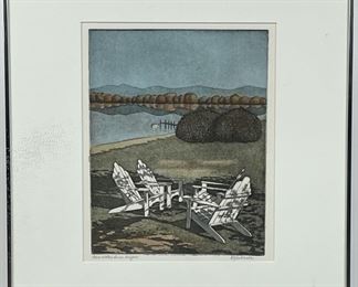 B. J. Anderson �Still Water Runs Deeper� pencil signed and framed print of lake scene with Adirondack chairs
