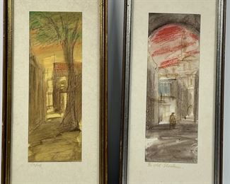Original framed artist signed mixed media oil pastel and watercolor cityscapes set
