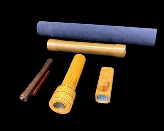 Lot of Five Vintage Kaleidoscopes including three wooden ones a brass Kaleidoscope and a velvet wrapped kaleidoscope
