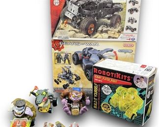 Large lot of vintage Children Toys Lot includes a Meccank 4x4 off road truck, Gears of War Erector Set, Robotikit and seven Monster 500 toys
