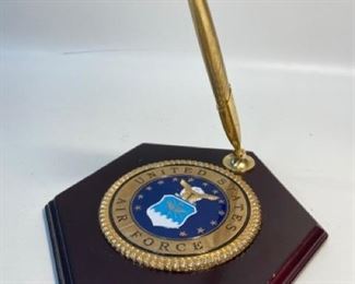 Vintage United States Air Force Brass and Wood Desk Pen Holder
