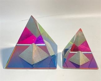 2 Miniature MCM Mid Century Modern MCM Iridescent Crystal Pyramids
