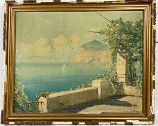 Antique gilt framed original signed A. Palimi oil on canvas Italian/Mediterranean coastal scene

