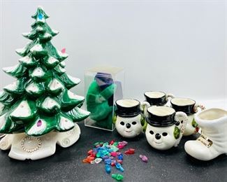 Vintage Ceramic Christmas Tree, Snowman Coffee Mugs And Pair Of TY Beani Babies
