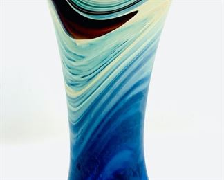 Vintage Art Glass Mid Century modern heavy Swirly Blue Vase
