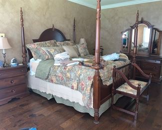 4 poster bed, dresser with mirror, night stand, bench