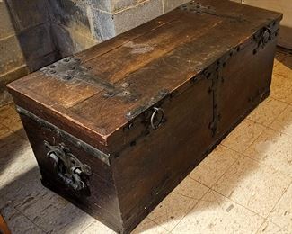 Large Gothic style iron mounted wood storage chest 