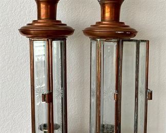 LARGE ALI'S COPPER AND ETCHED GLASS PANEL CANDLE HOLDERS