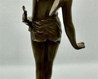 Franz Rosse (1856-1900). Art Nouveau Bronze Sculpture of Semi-Nude Winged Angel on Pedestal and Stone Base.   16" H x 4" Base.