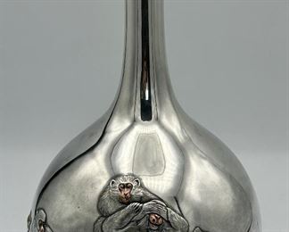 Japanese silver (.970) Vase with embellished Monkeys with Rose Gold noses.
