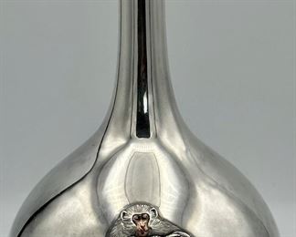 Japanese silver (.970) Vase with embellished Monkeys with Rose Gold noses.
