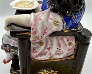 Antique 19th Century Porcelain Box of Sleeping Child in High Chair.