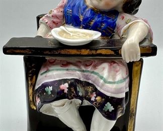 Antique 19th Century Porcelain Box of Sleeping Child in High Chair.