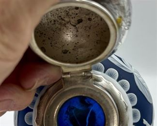 Thomas Webb Blue English Cameo Glass with Gorham Sterling Silver Top Ink Well. Extremely Rare.