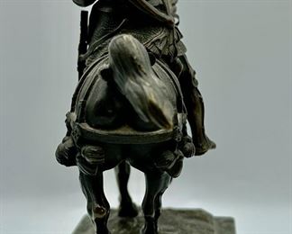 This is a Bronze of Medieval Knight on horseback.  His sword is missing and the Pommel is bent.  Solid Marble Base, very heavy.