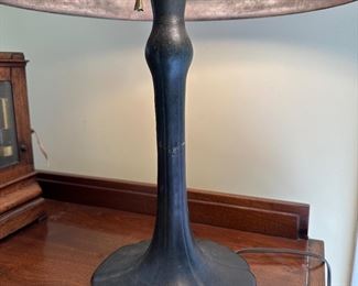 Beautiful  Handel Lamp circa 1920-1930's. Both the Base and Lampshade are signed.  The shade is # 6504.  The colors of this lamp is amazing.  Excellent condition with no cracks or chips in the shade.