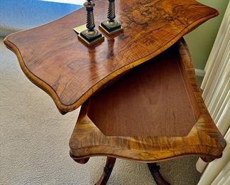 Stunning Victorian Burr Walnut Card/Game Table. Circa 1860's in Excellent Museum Quality Condition.. Features Rotating Top and Opens for larger surface with Green Felt Game Surface.  Size: 33.8" W x 16.9" D x 28.3" H