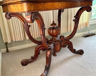 Stunning Victorian Burr Walnut Card/Game Table. Circa 1860's in Excellent Museum Quality Condition.. Features Rotating Top and Opens for larger surface with Green Felt Game Surface.  Size: 33.8" W x 16.9" D x 28.3" H