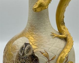 This piece is absolutely stunning Lizard Handle  Royal Worcester Porcelain Hand Enameled Pitcher.
