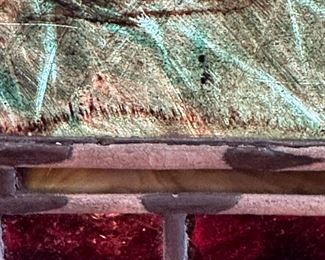 Striking Reverse Painted Stained Glass Window with original wood frame in the style of Alphonse Mucha. Striking Reverse Painted Stained Glass Window with original wood frame in the style of Alphonse Mucha. Absolutely perfect condition, no cracks or pieces missing. Check out the following photos of this beautiful and "One of a Kind'"Treasure. Size of this piece is a whopping 5' x 5'. Builders or home designers please note that this piece looks AMAZING WITH THE SUN SHINING IN AND WOULD MAKE A GOOD FOCAL POINT IN A NEW OR A REMODELED HOME!