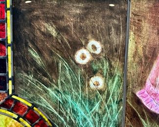 Striking Reverse Painted Stained Glass Window with original wood frame in the style of Alphonse Mucha. Striking Reverse Painted Stained Glass Window with original wood frame in the style of Alphonse Mucha. Absolutely perfect condition, no cracks or pieces missing. Check out the following photos of this beautiful and "One of a Kind'"Treasure. Size of this piece is a whopping 5' x 5'. Builders or home designers please note that this piece looks AMAZING WITH THE SUN SHINING IN AND WOULD MAKE A GOOD FOCAL POINT IN A NEW OR A REMODELED HOME!