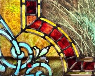 Striking Reverse Painted Stained Glass Window with original wood frame in the style of Alphonse Mucha. Striking Reverse Painted Stained Glass Window with original wood frame in the style of Alphonse Mucha. Absolutely perfect condition, no cracks or pieces missing. Check out the following photos of this beautiful and "One of a Kind'"Treasure. Size of this piece is a whopping 5' x 5'. Builders or home designers please note that this piece looks AMAZING WITH THE SUN SHINING IN AND WOULD MAKE A GOOD FOCAL POINT IN A NEW OR A REMODELED HOME!