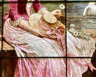 Striking Reverse Painted Stained Glass Window with original wood frame in the style of Alphonse Mucha. Striking Reverse Painted Stained Glass Window with original wood frame in the style of Alphonse Mucha. Absolutely perfect condition, no cracks or pieces missing. Check out the following photos of this beautiful and "One of a Kind'"Treasure. Size of this piece is a whopping 5' x 5'. Builders or home designers please note that this piece looks AMAZING WITH THE SUN SHINING IN AND WOULD MAKE A GOOD FOCAL POINT IN A NEW OR A REMODELED HOME!