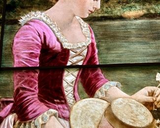 Striking Reverse Painted Stained Glass Window with original wood frame in the style of Alphonse Mucha. Striking Reverse Painted Stained Glass Window with original wood frame in the style of Alphonse Mucha. Absolutely perfect condition, no cracks or pieces missing. Check out the following photos of this beautiful and "One of a Kind'"Treasure. Size of this piece is a whopping 5' x 5'. Builders or home designers please note that this piece looks AMAZING WITH THE SUN SHINING IN AND WOULD MAKE A GOOD FOCAL POINT IN A NEW OR A REMODELED HOME!