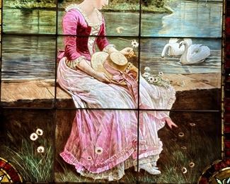 Striking Reverse Painted Stained Glass Window with original wood frame in the style of Alphonse Mucha. Absolutely perfect condition, no cracks or pieces missing. Check out the following photos of this beautiful and "One of a Kind'"Treasure. Size of this piece is a whopping 5' x 5'. Builders or home designers please note that this piece looks AMAZING WITH THE SUN SHINING IN AND WOULD MAKE A GOOD FOCAL POINT IN A NEW OR A REMODELED HOME!