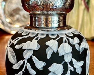 Thomas Webb Blue English Cameo Glass with Gorham Sterling Silver Top Ink Well. Extremely Rare and lovely!