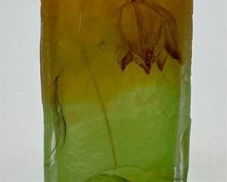 Vintage Daum Nancy Enamelled Cameo Glass Bud Vase. Made in France.