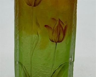 Vintage Daum Nancy Enamelled Cameo Glass Bud Vase. Made in France.