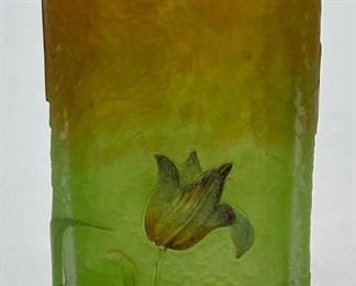 Vintage Daum Nancy Enamelled Cameo Glass Bud Vase. Made in France.