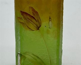 Vintage Daum Nancy Enamelled Cameo Glass Bud Vase. Made in France.
