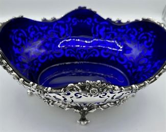 Gorgeous Cobalt Blue Serving Bowl in Silver Basket, remarkable piece.