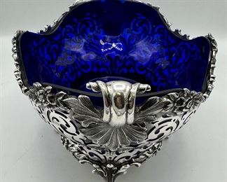 Gorgeous Cobalt Blue Serving Bowl in Silver Basket, remarkable piece.