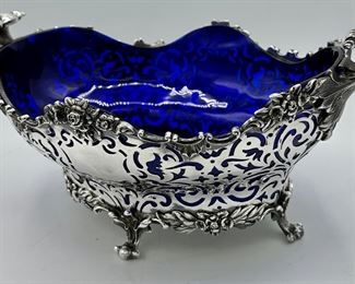 Gorgeous Cobalt Blue Serving Bowl in Silver Basket, remarkable piece.